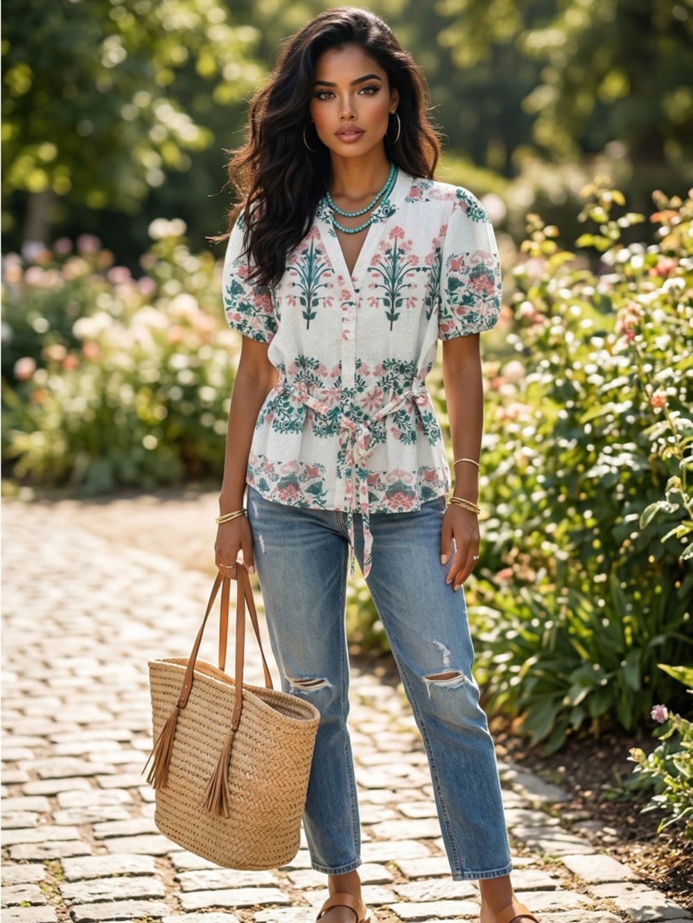 🌟B571. Chic Floral Tie Waist V-Neck Peasant Top